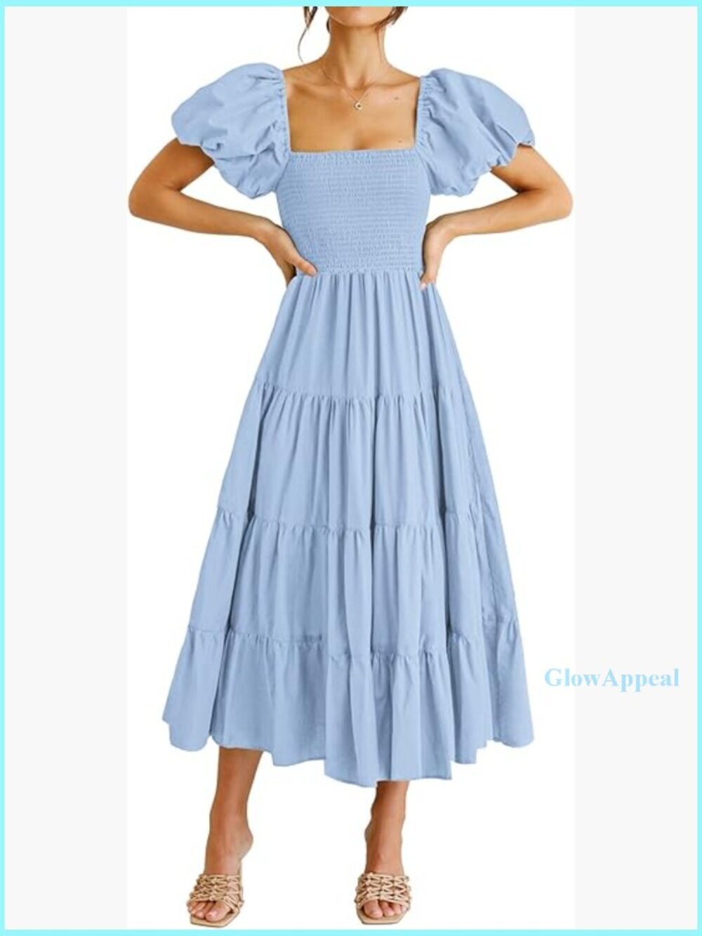 Summer Midi Dress Puffy Sleeve Square Neck Smocked Tiered Ruffle Casual